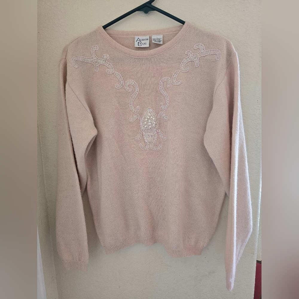 Vintage Alison Craig Light Pink Beaded Embroidered Sweater - Picture 1 of 4